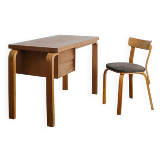 Early Vintage Finnish Mid Century Alvar Aalto Wooden Desk & Chair, 1940s