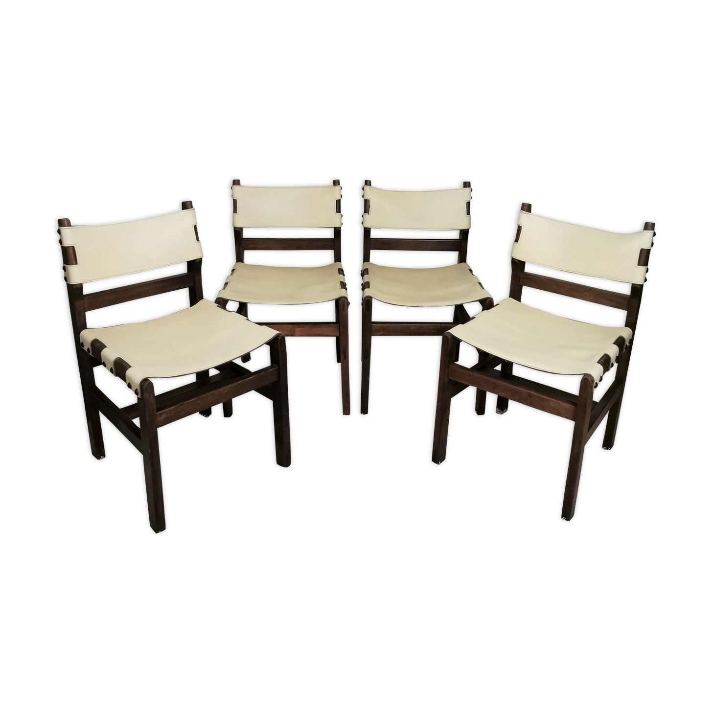 Series of 4 wooden and leather chairs