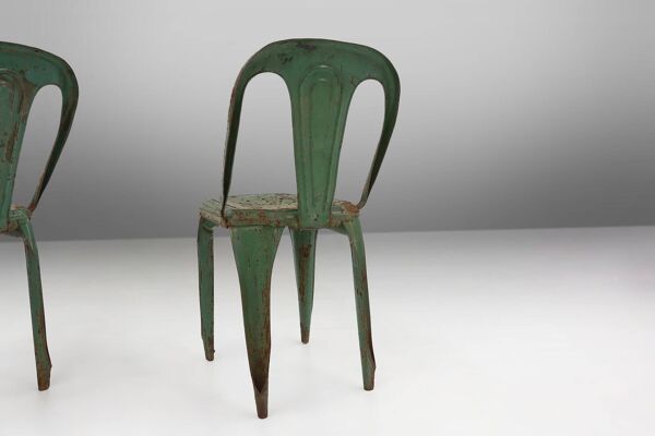 Lot de 4 chaises vertes vintage modèle A de Tolix, France, années 1950