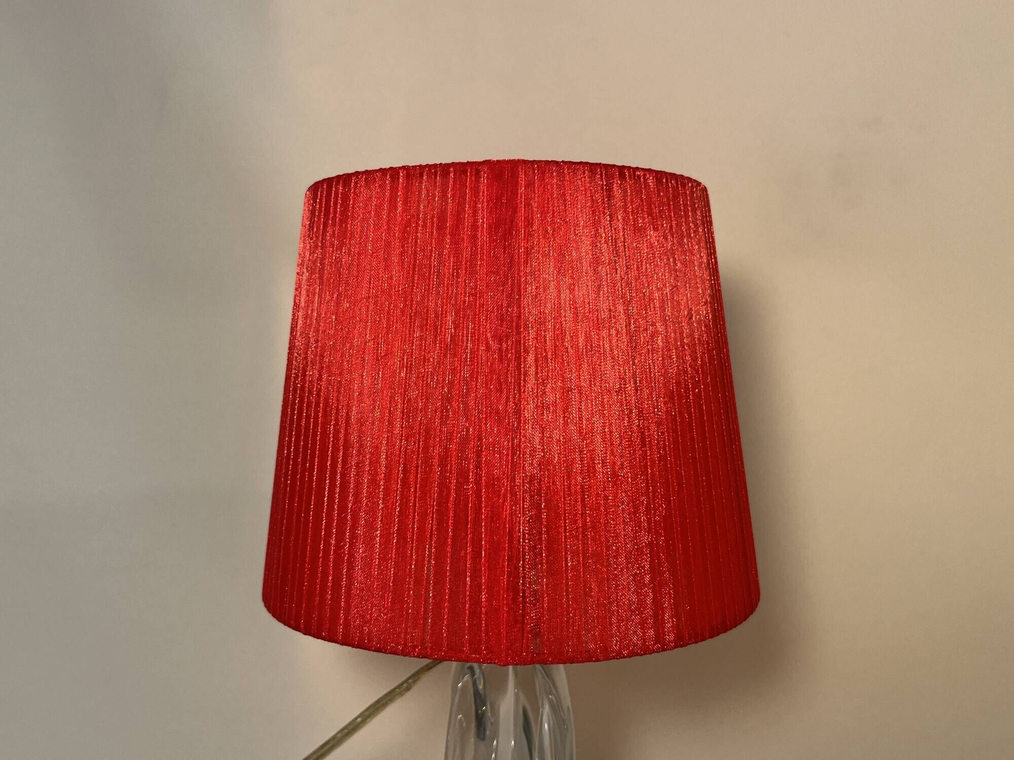 Vintage crystal lamp base with red pleated organza ribbon shade 1940
