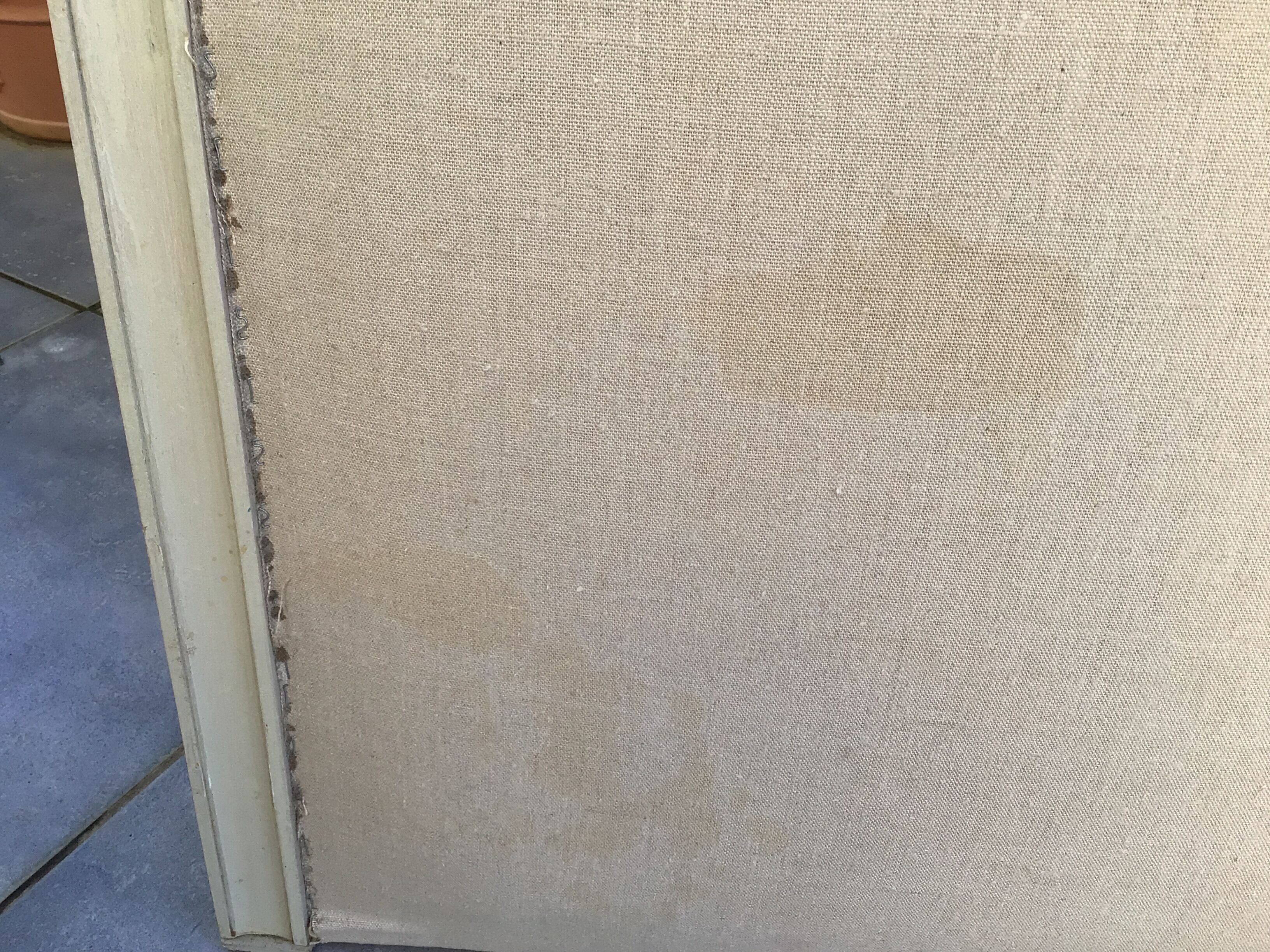 Patinated wood and linen headboard