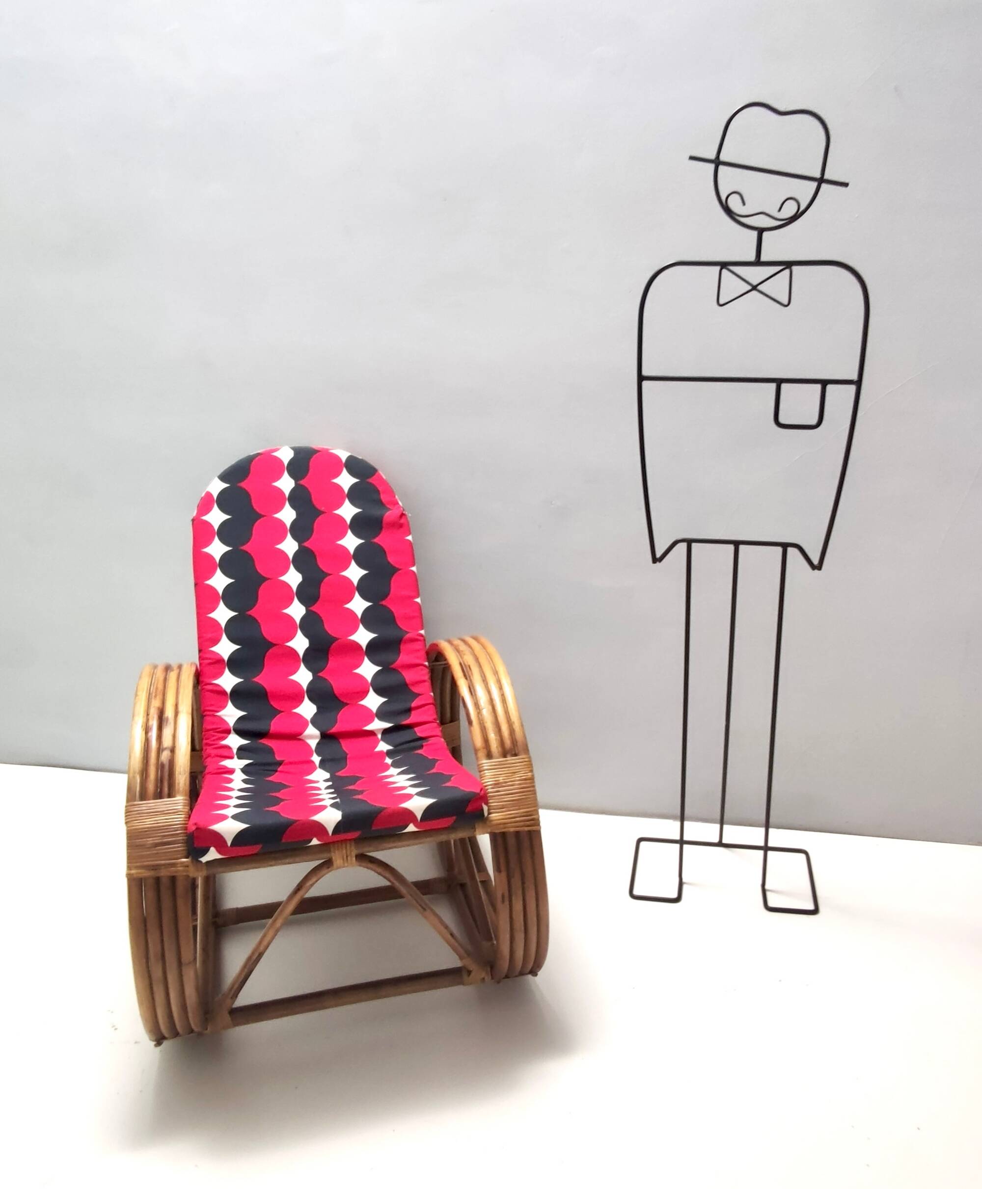Postmodern Bamboo Rocking Chair with Red, Black and White Fabric Upholstery