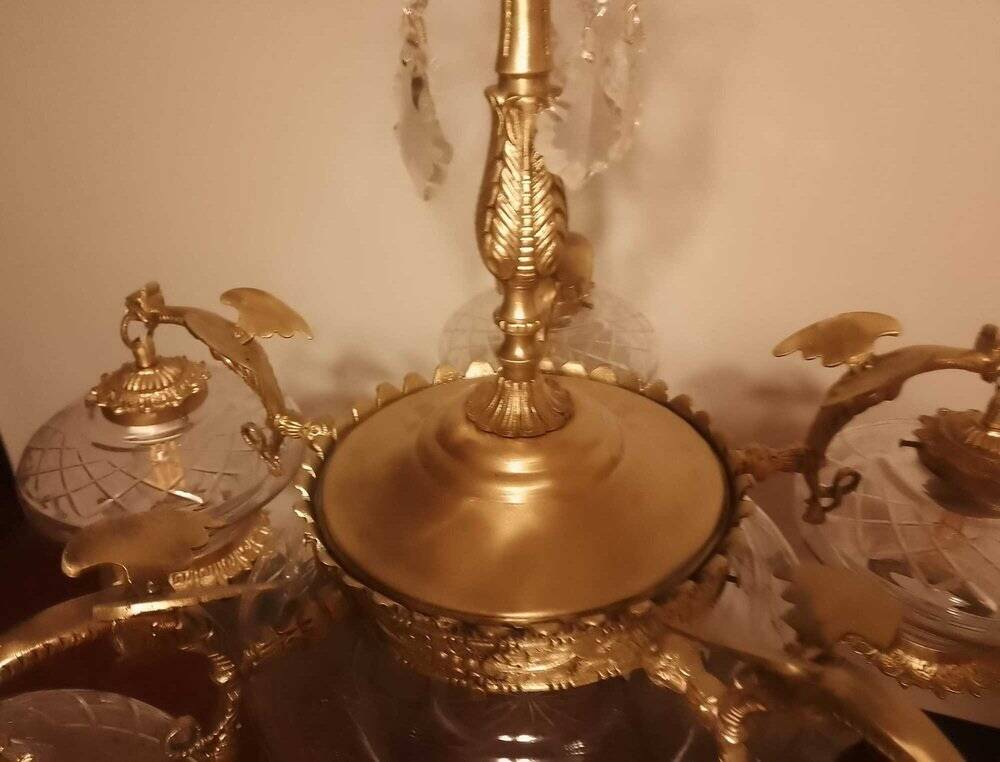 Large Gothic brass chandelier with 6 lights, 1940s.