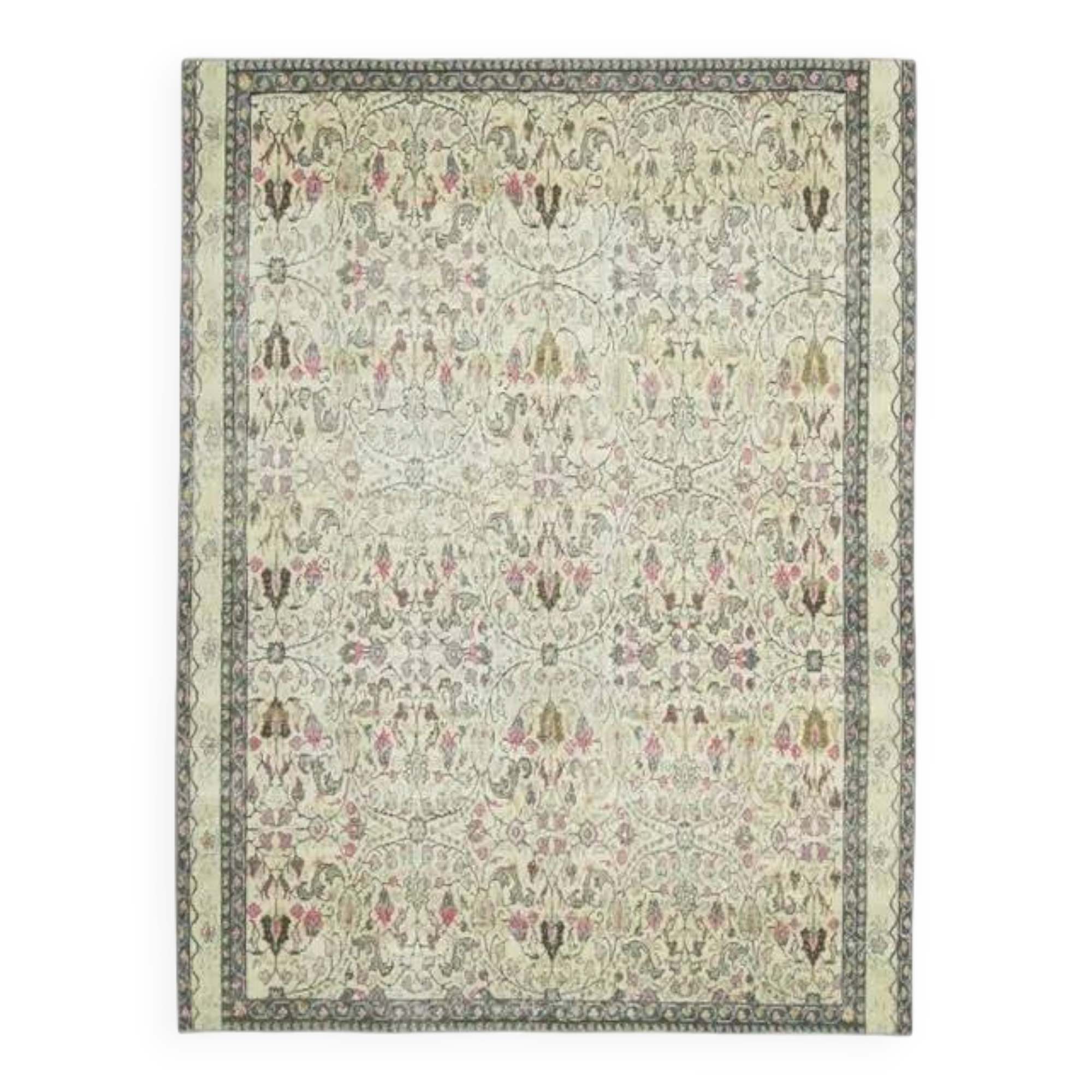 1970s Vintage Turkish Oushak Handmade Wool Cotton Cream Area Rug 165x206
