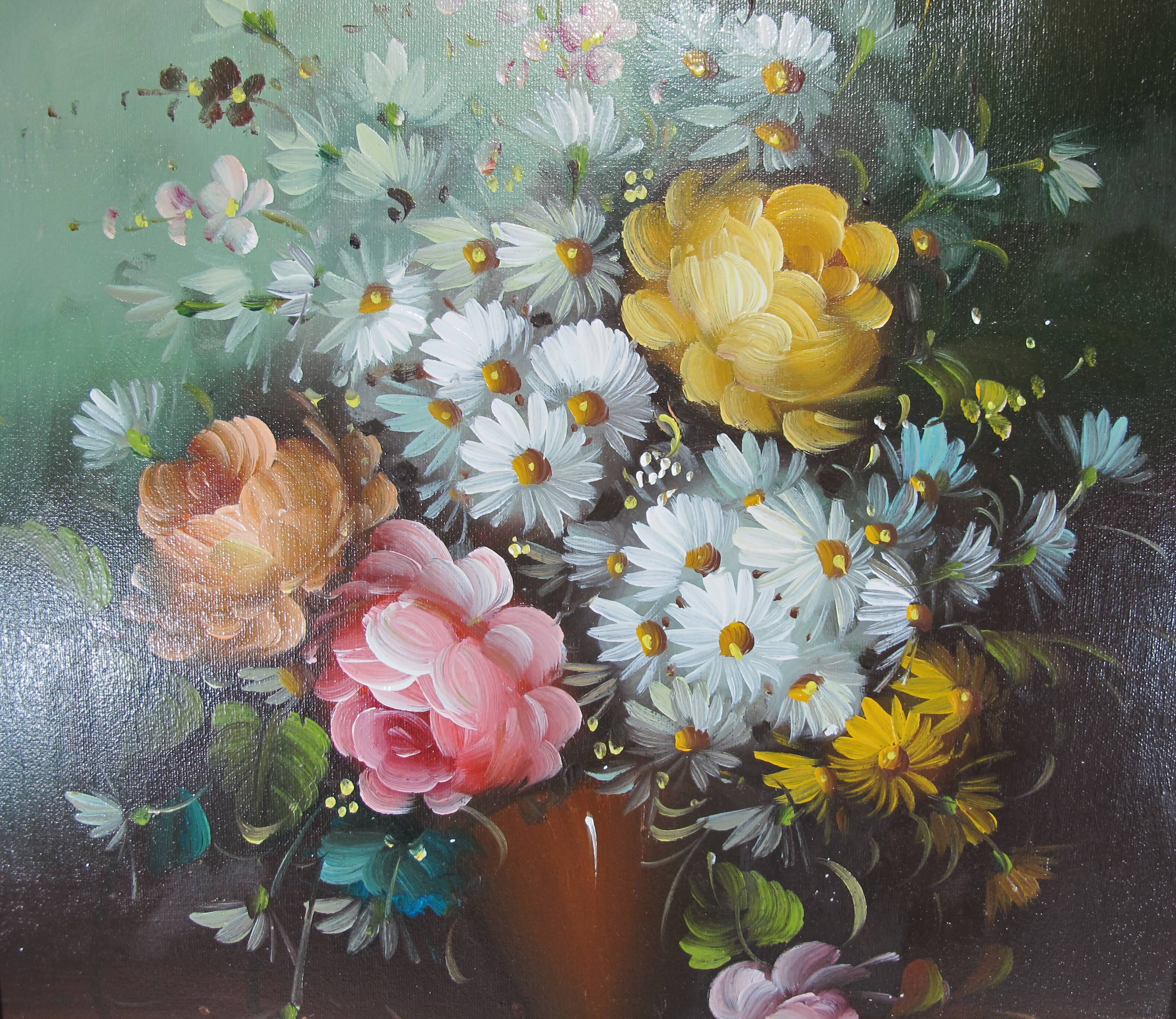 Oil painting still life vase bouquet of flowers signed