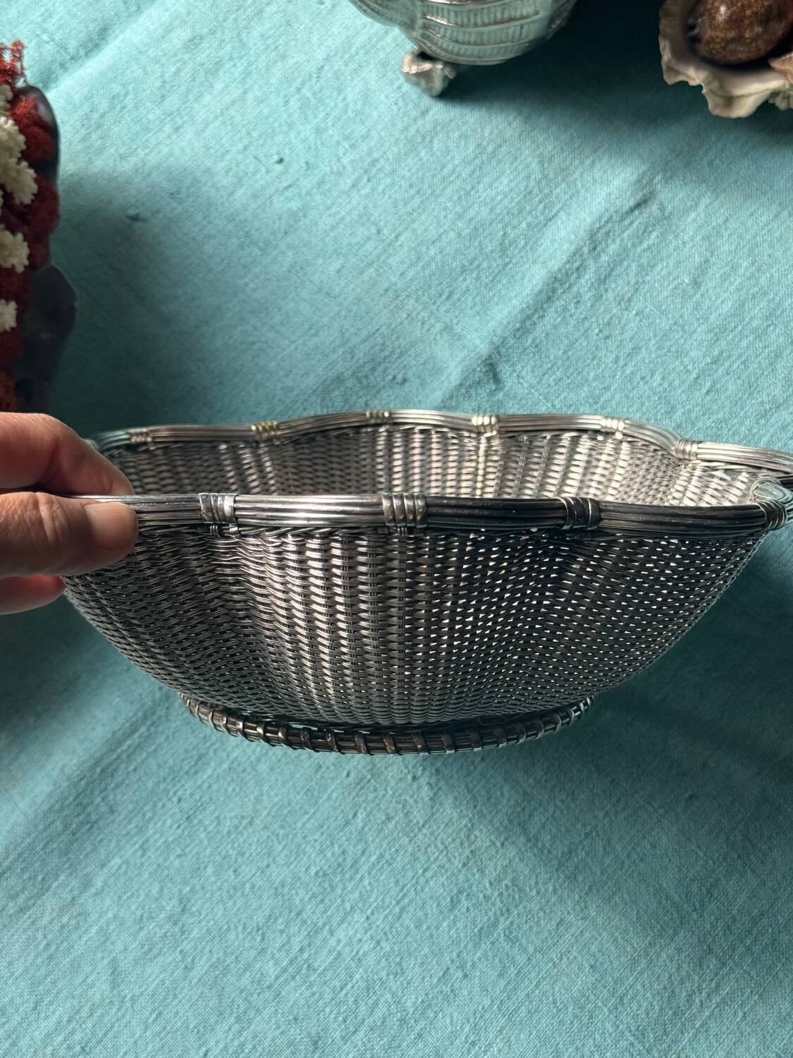 Vintage wicker basket in silver metal