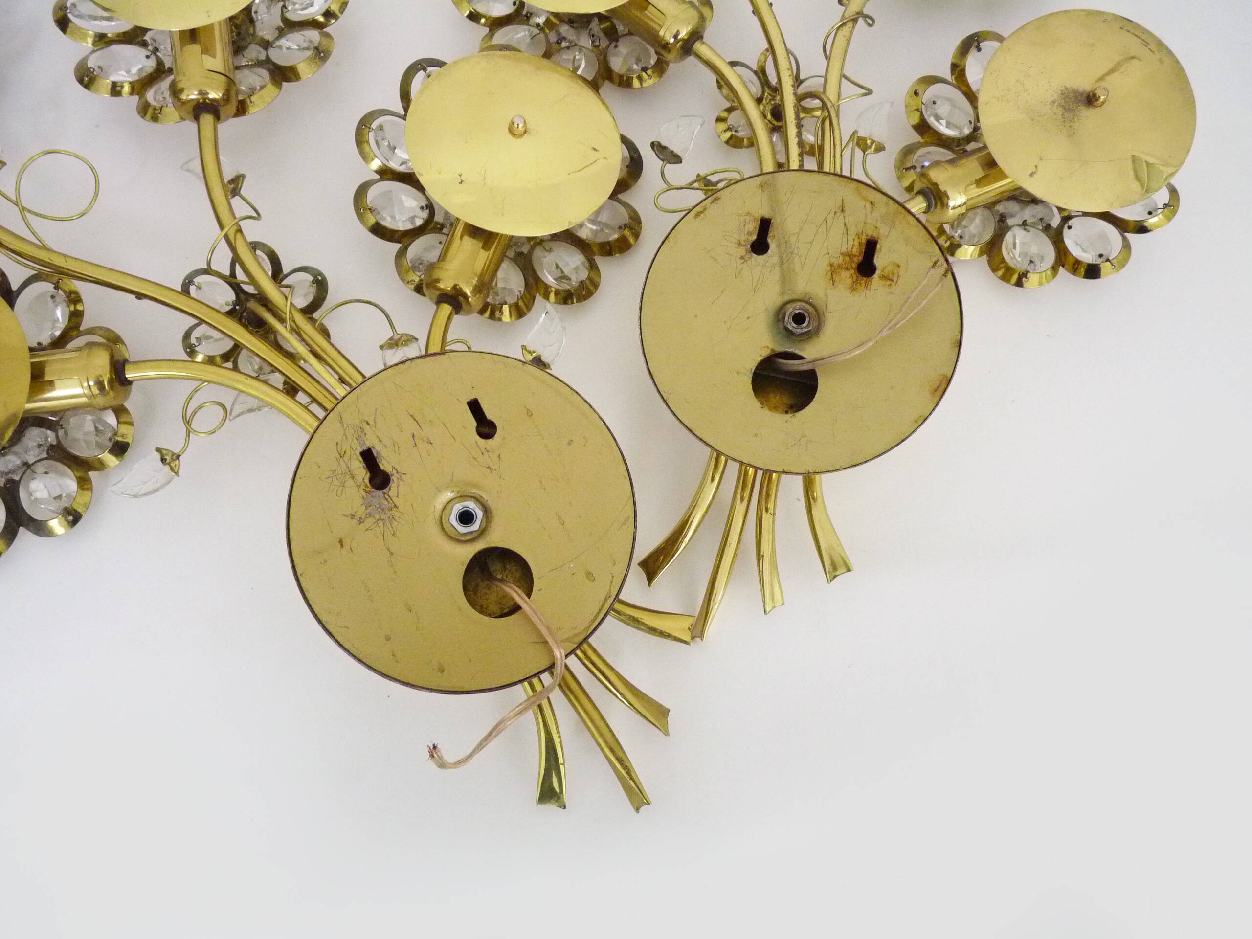 Large pair of vintage Palwa crystal and brass flower wall lights with 4 lights. 70s