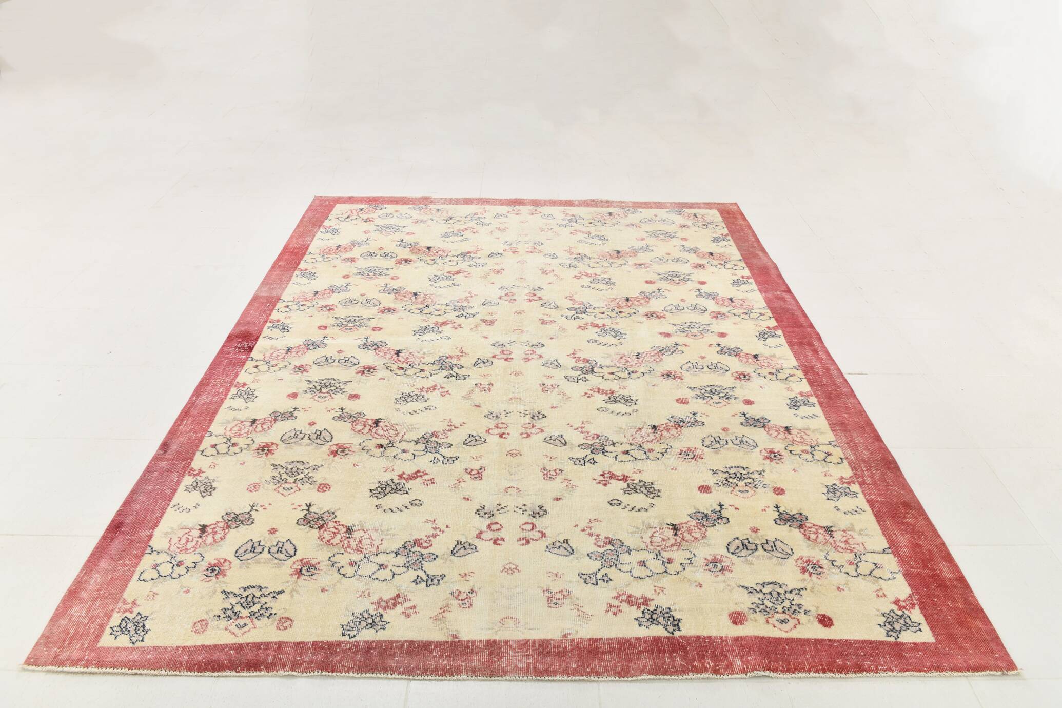 7x9 Yellow & Burgundy Floral Turkish Vintage Rug, 216x281Cm