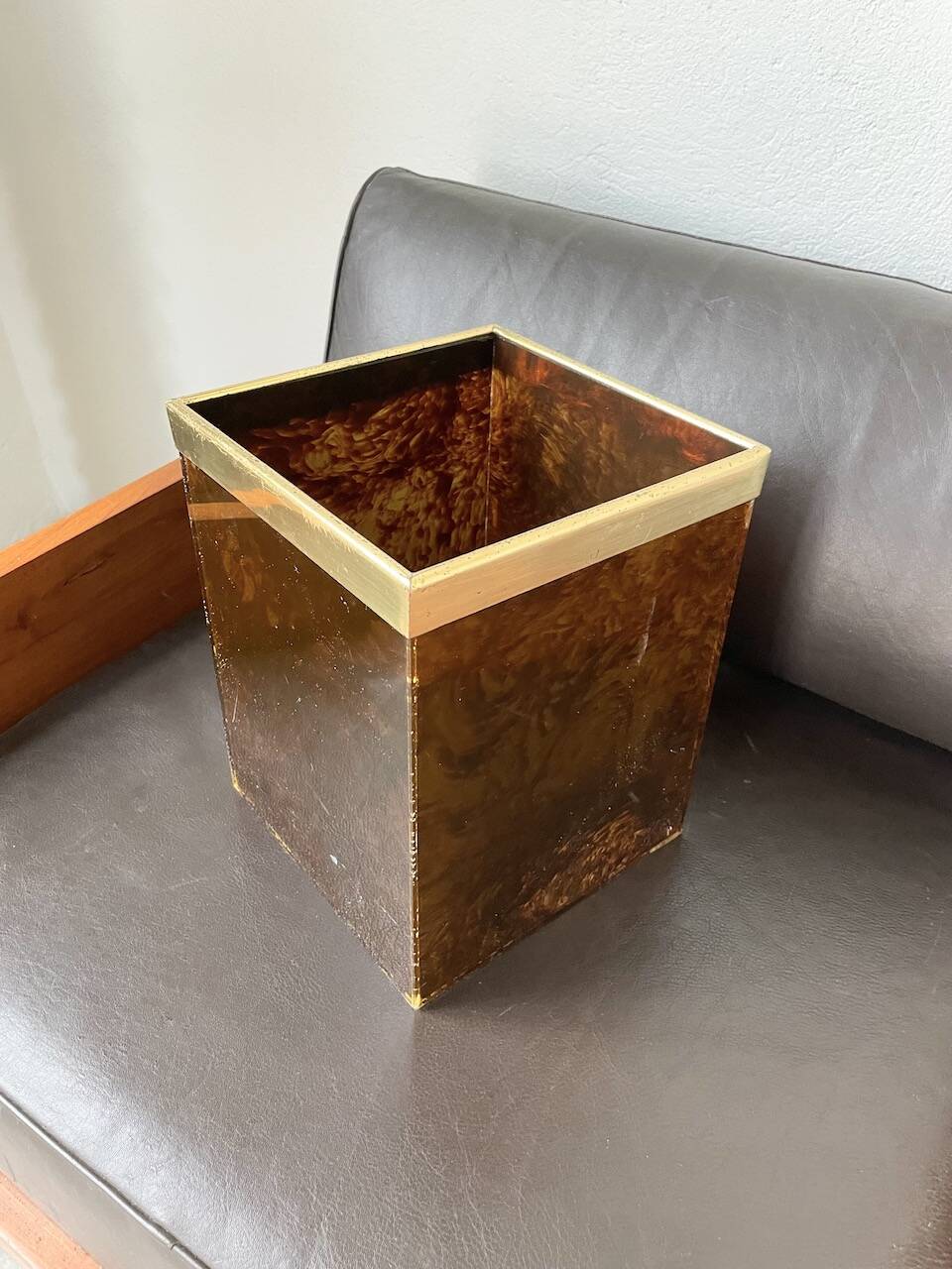Tortoiseshell, resin and brass trash can from the 50s
