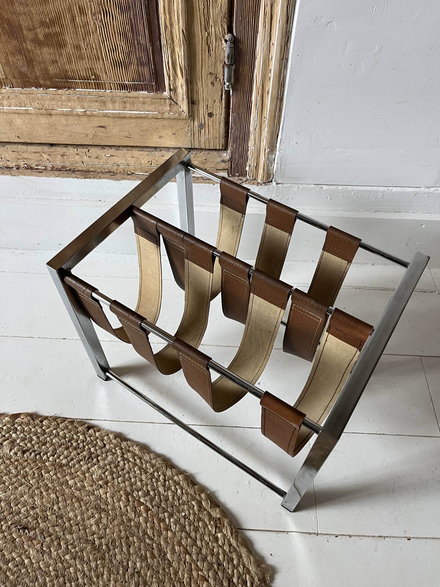 Vintage chrome steel and leather magazine rack – 1970s