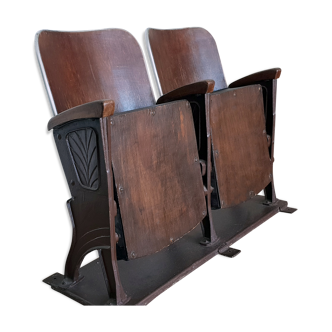 2 chairs folding trolley seats 1930 Art Deco wood, cast iron and leather