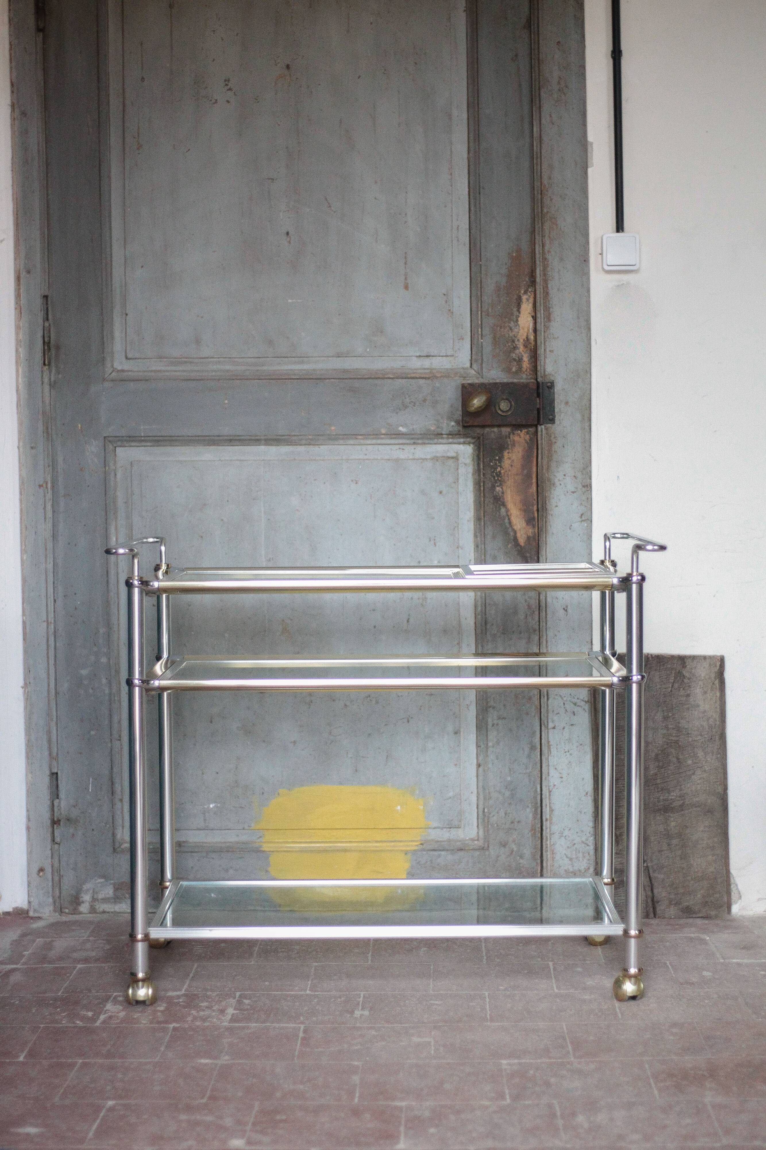 Vintage rolling dessert bar in gold metal and glass by Roche Bobois.