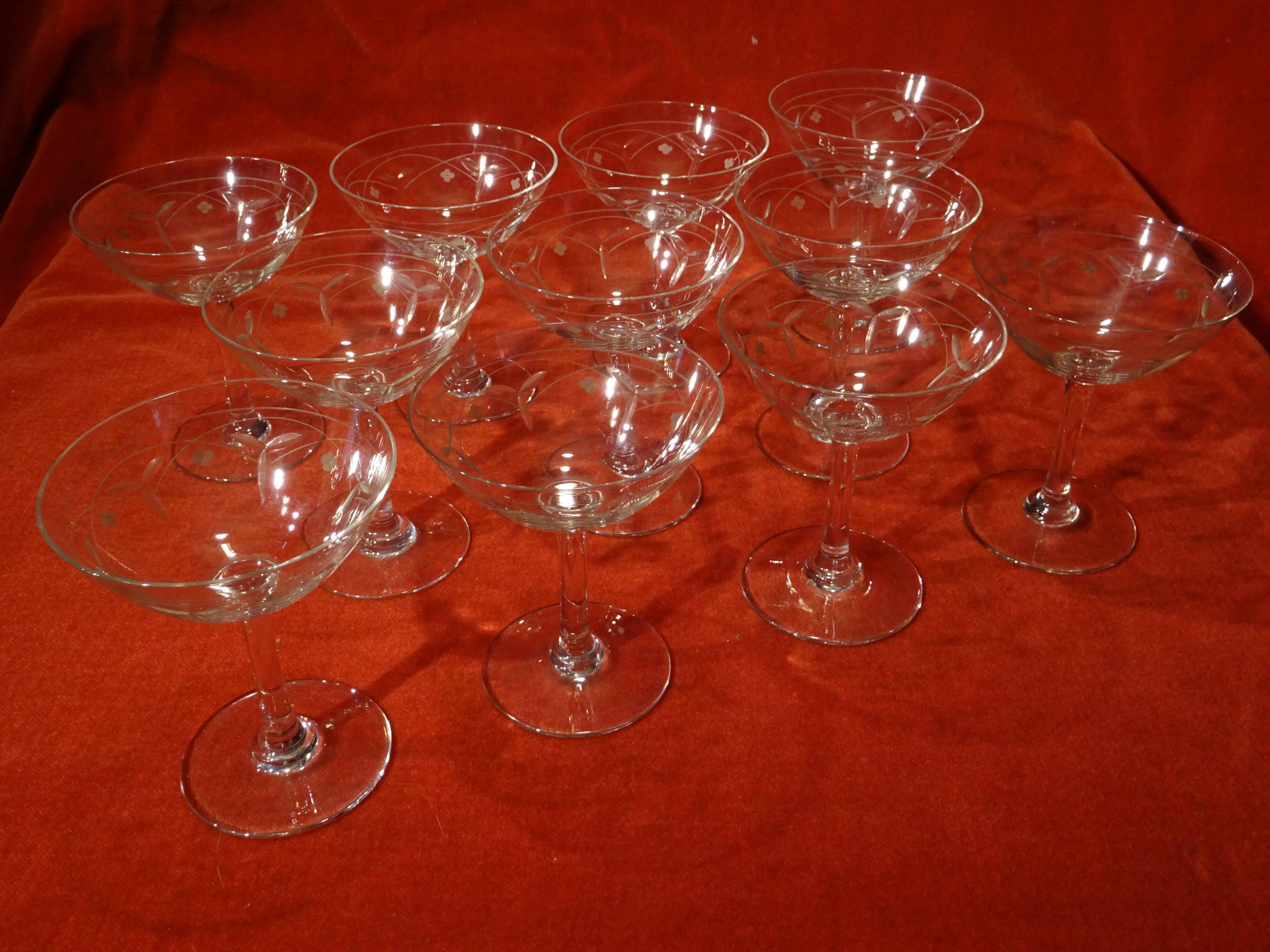 11 engraved crystal champagne glasses cut