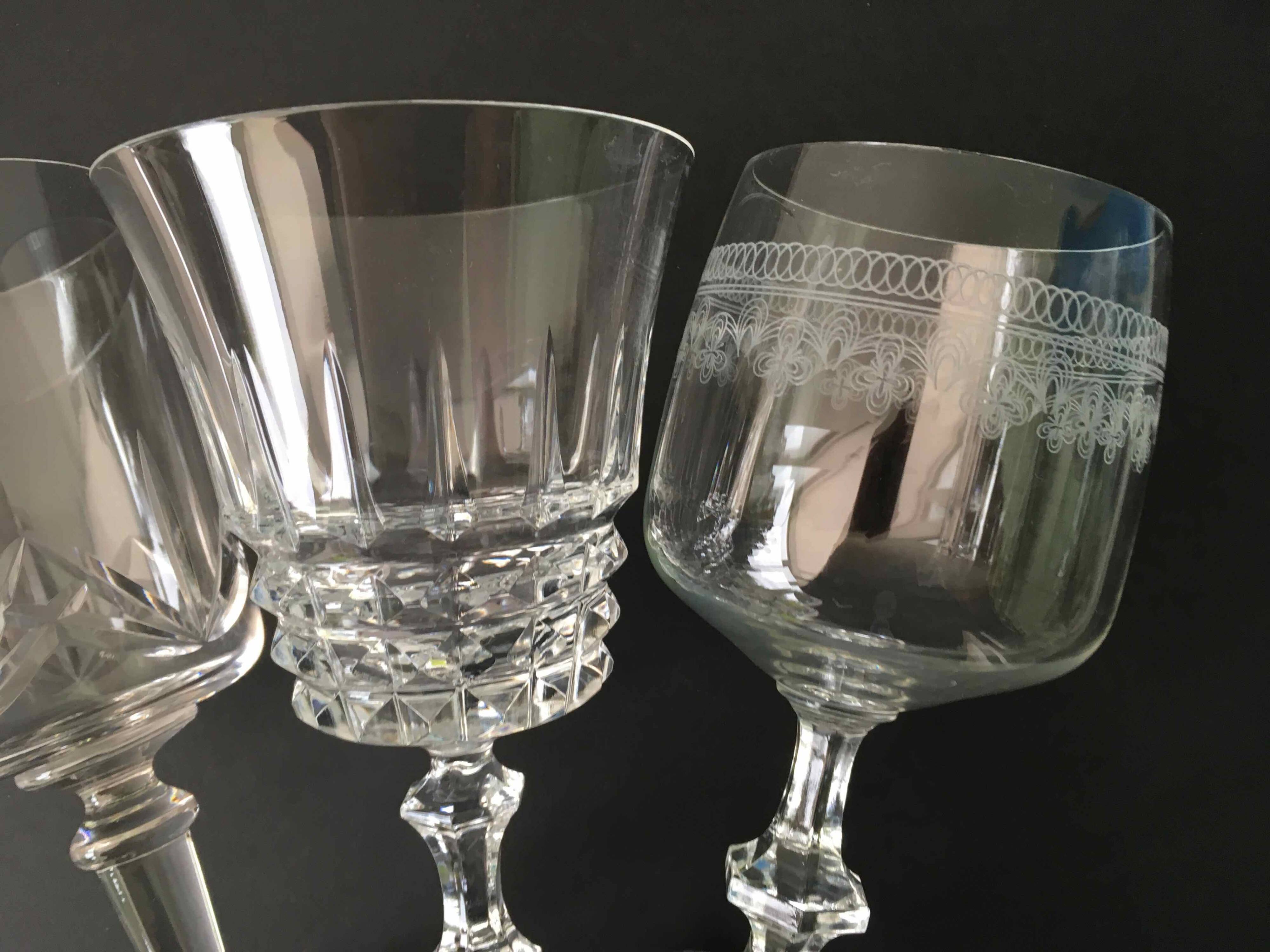 6 assorted crystal wine glasses