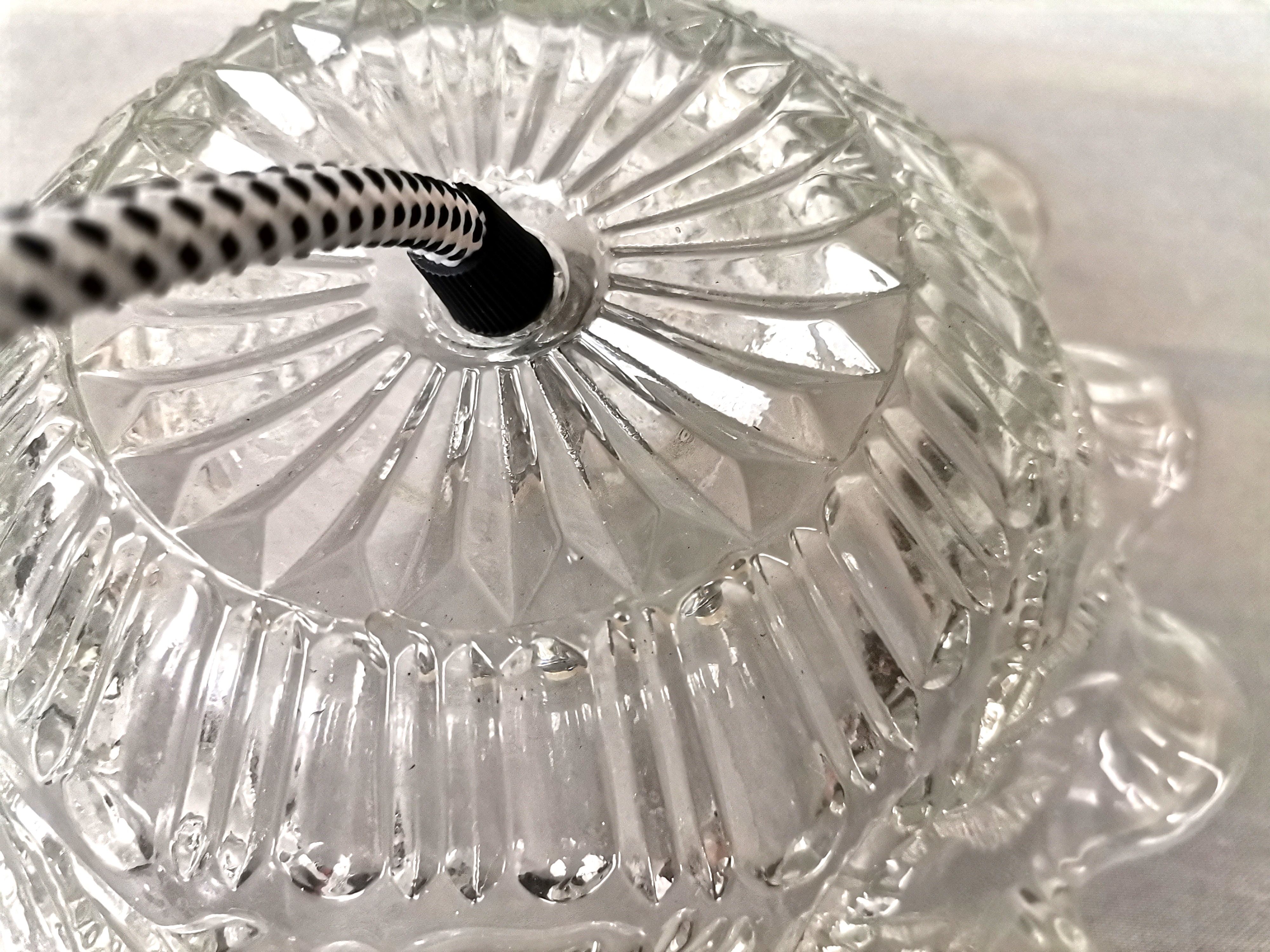 Portuguese farmhouse mid century clear floral glass hanging lamp, 1960s