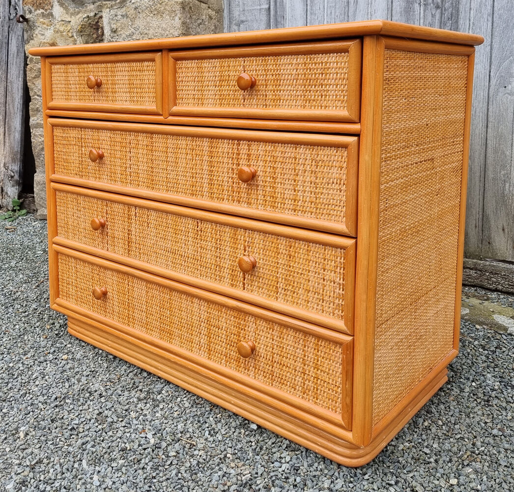 Commode Maugrion for Roche Bobois, wood and rattan, 80s