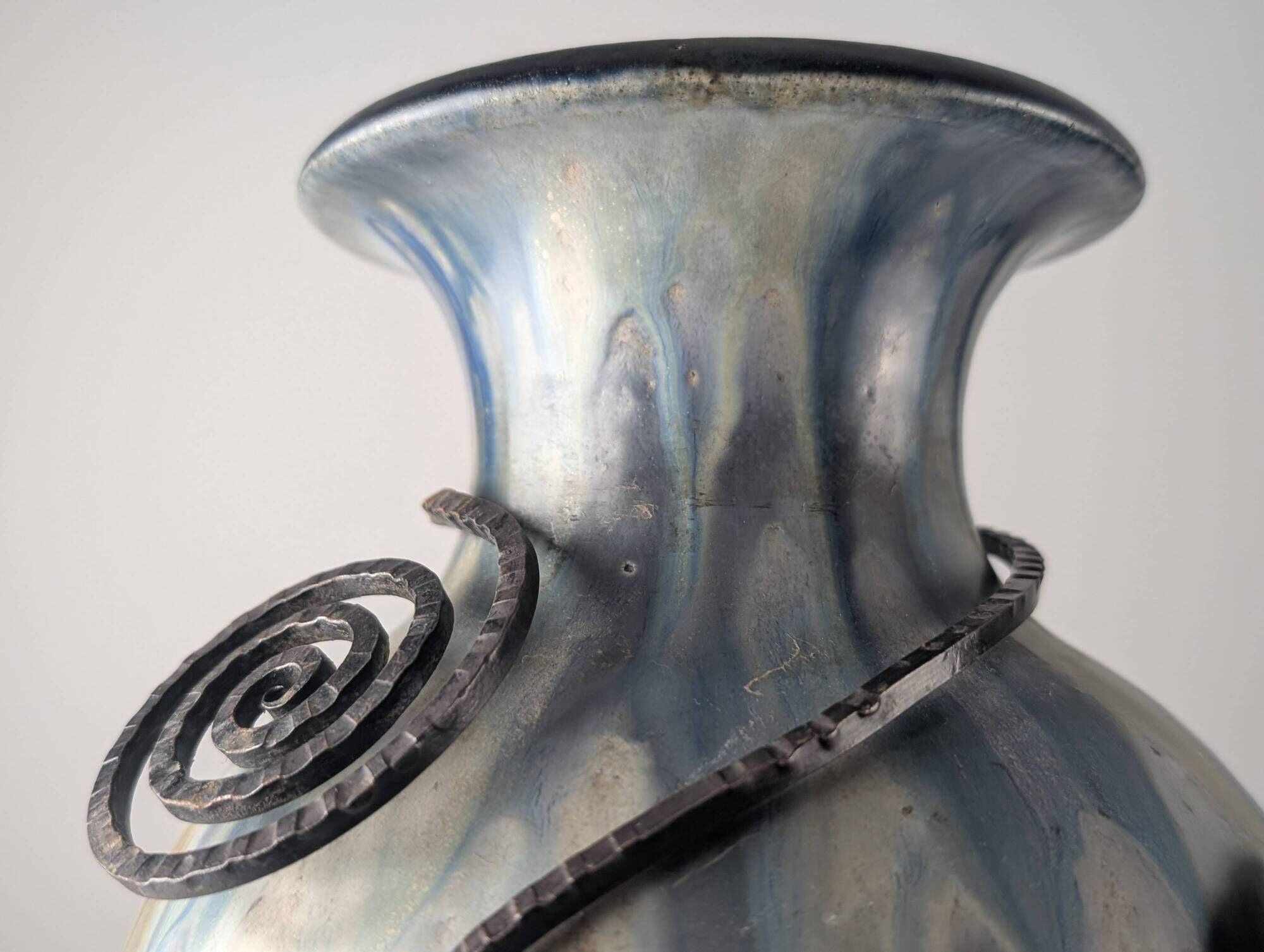 Roger Guérin Belgian Art Deco Stoneware & Wrought Iron Vase 1930s