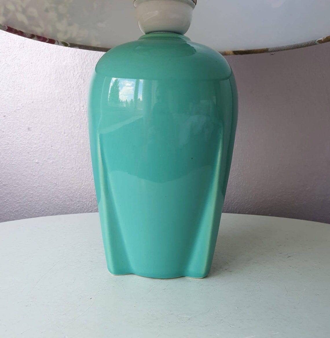 Vintage ceramic table lamp with 80s fabric lampshade