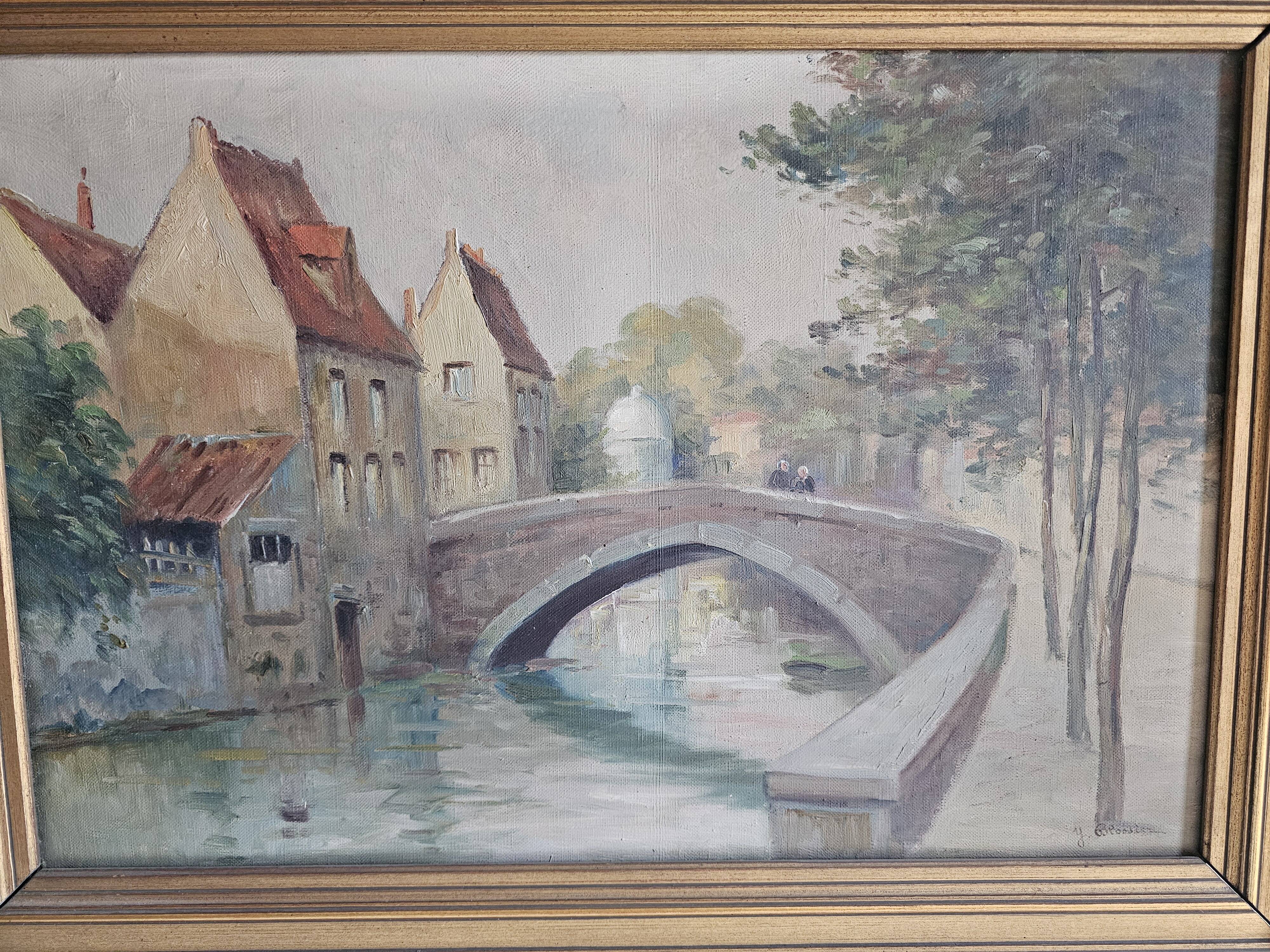Oil on Canvas Landscape The Old Canals of Bruges - Signed Glossier