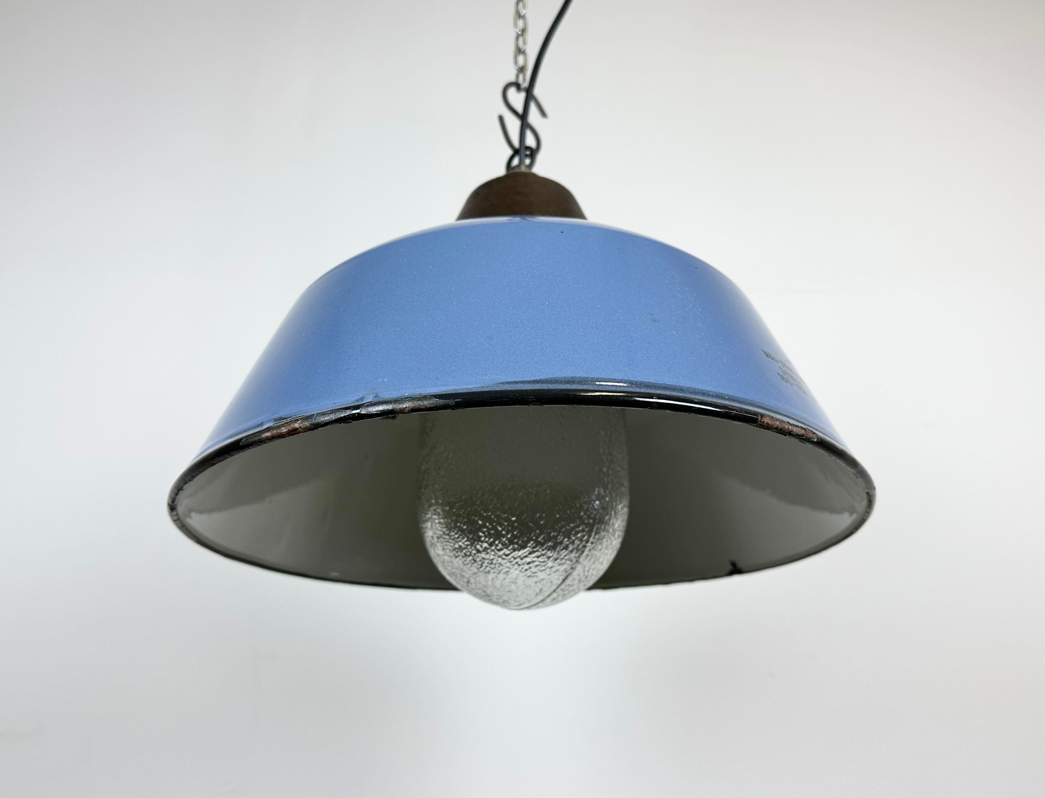 Industrial Blue Enamel and Cast Iron Pendant Light with Glass Cover, 1960s
