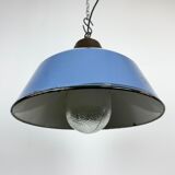 Industrial Blue Enamel and Cast Iron Pendant Light with Glass Cover, 1960s