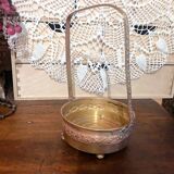 Basket planter with handle, gilded embossed copper mid 20th century