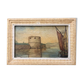 Tableau ancien "Le fort en Méditerranée"