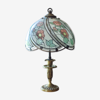 Vintage lamp in brass and floral glass