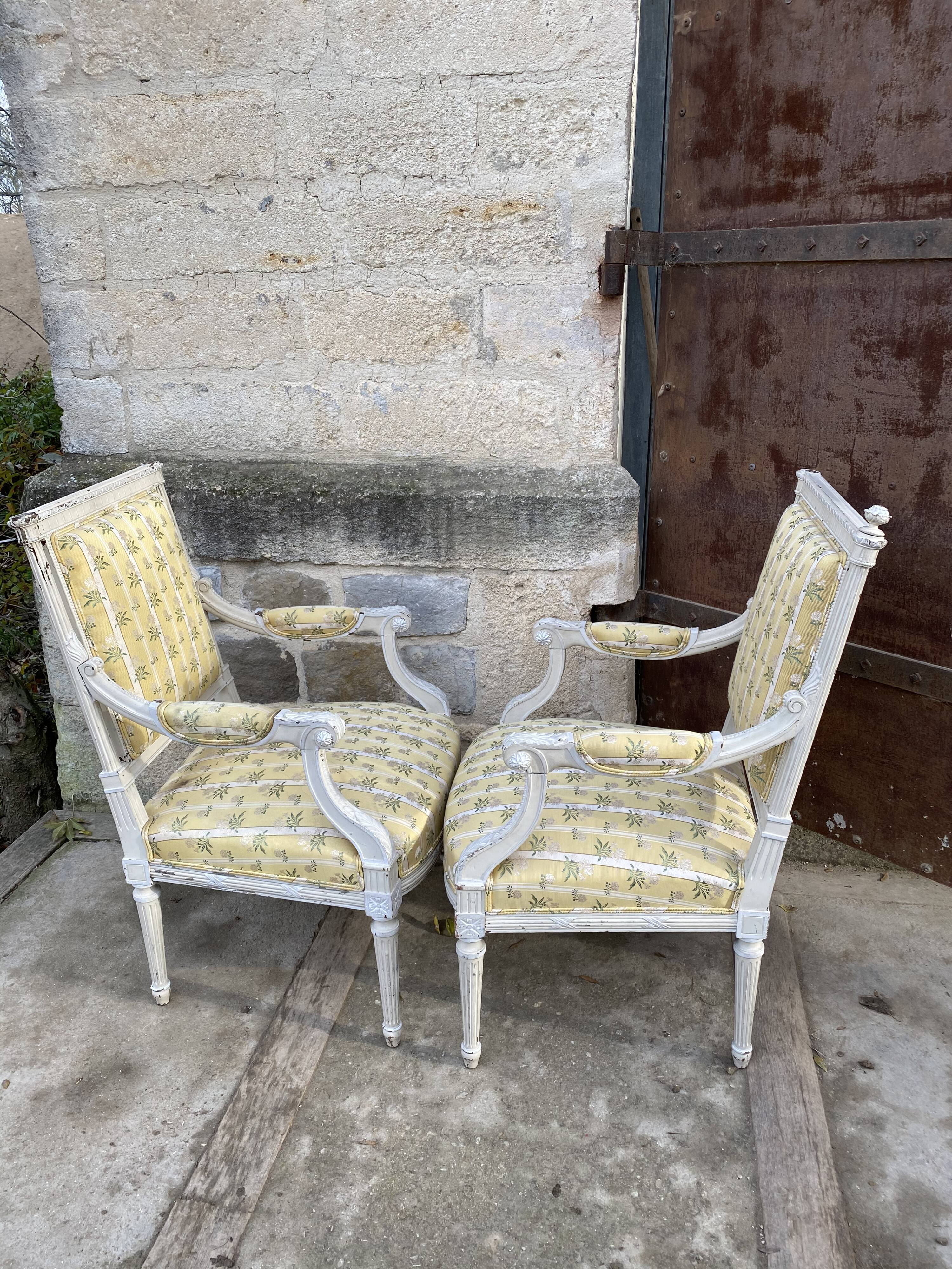 Pair of chairs shepherdesses Louis XVI patinated wood