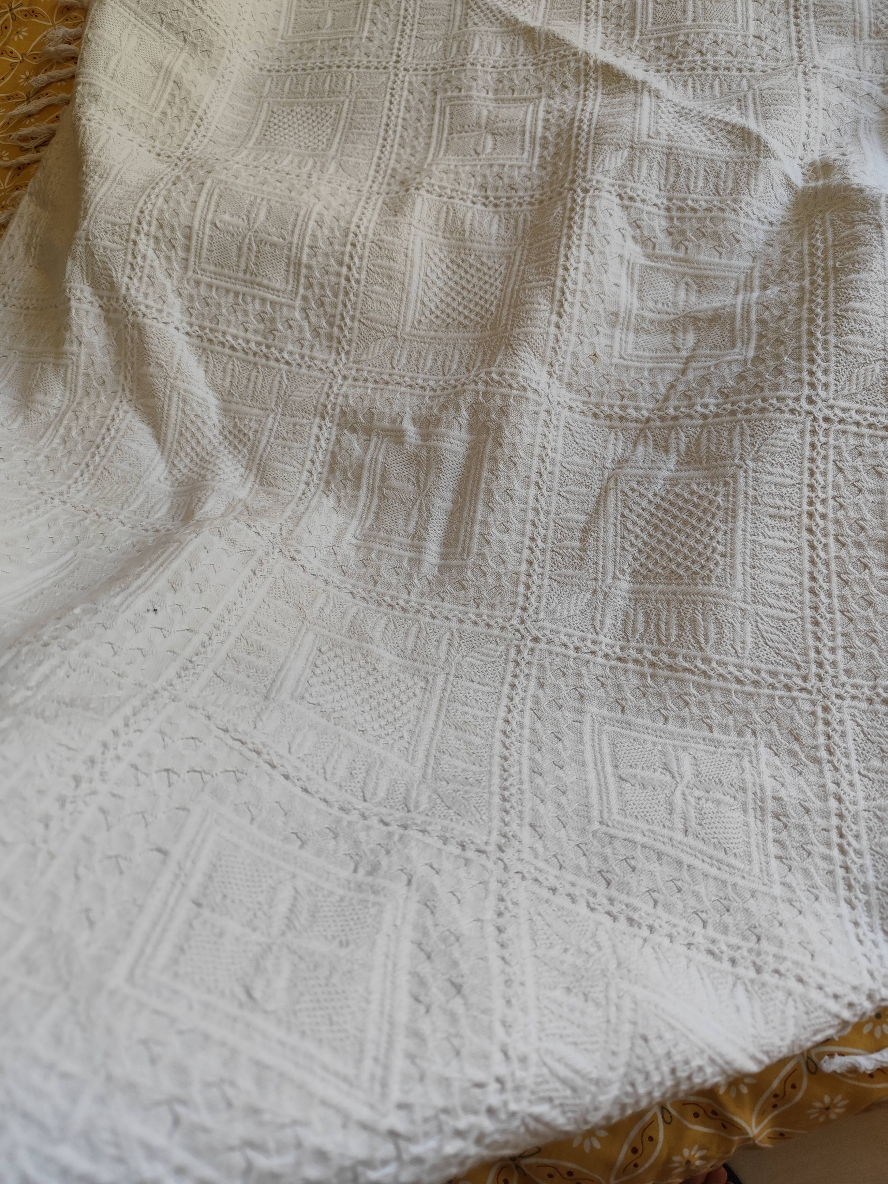 White cotton bedspread, vintage woven cotton bed throw.