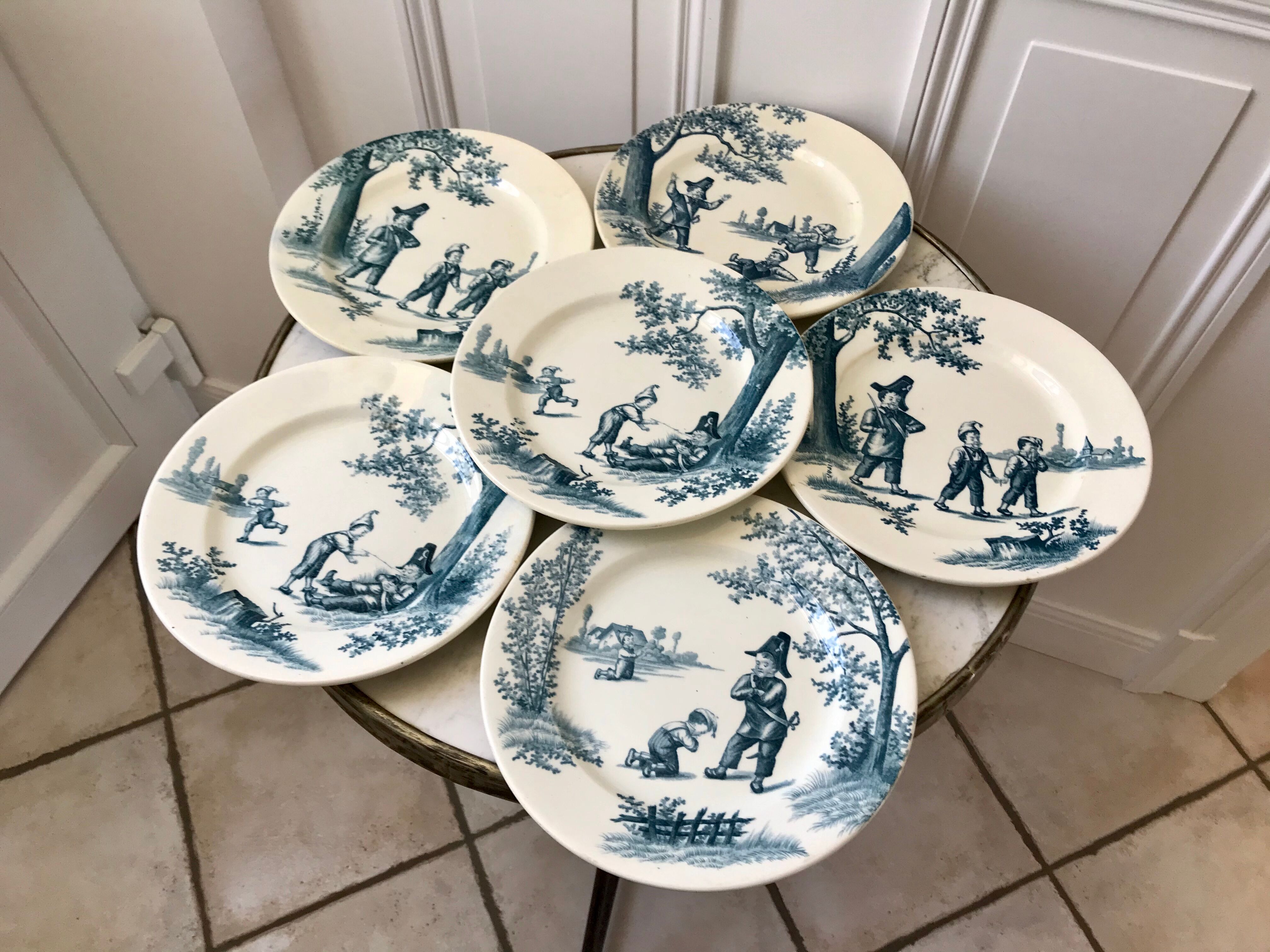 Set of 6 flat plates Iron Earth model "Garde Champêtre" late nineteenth