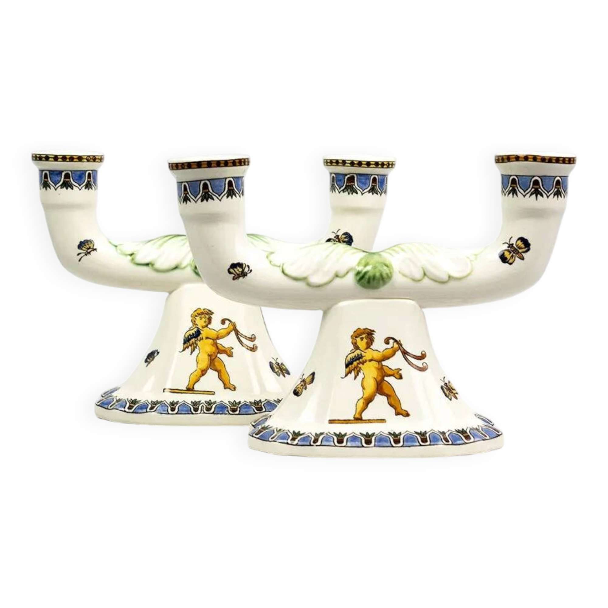 Pair of Renaissance candlesticks in earthenware – Gien pottery, 1970s