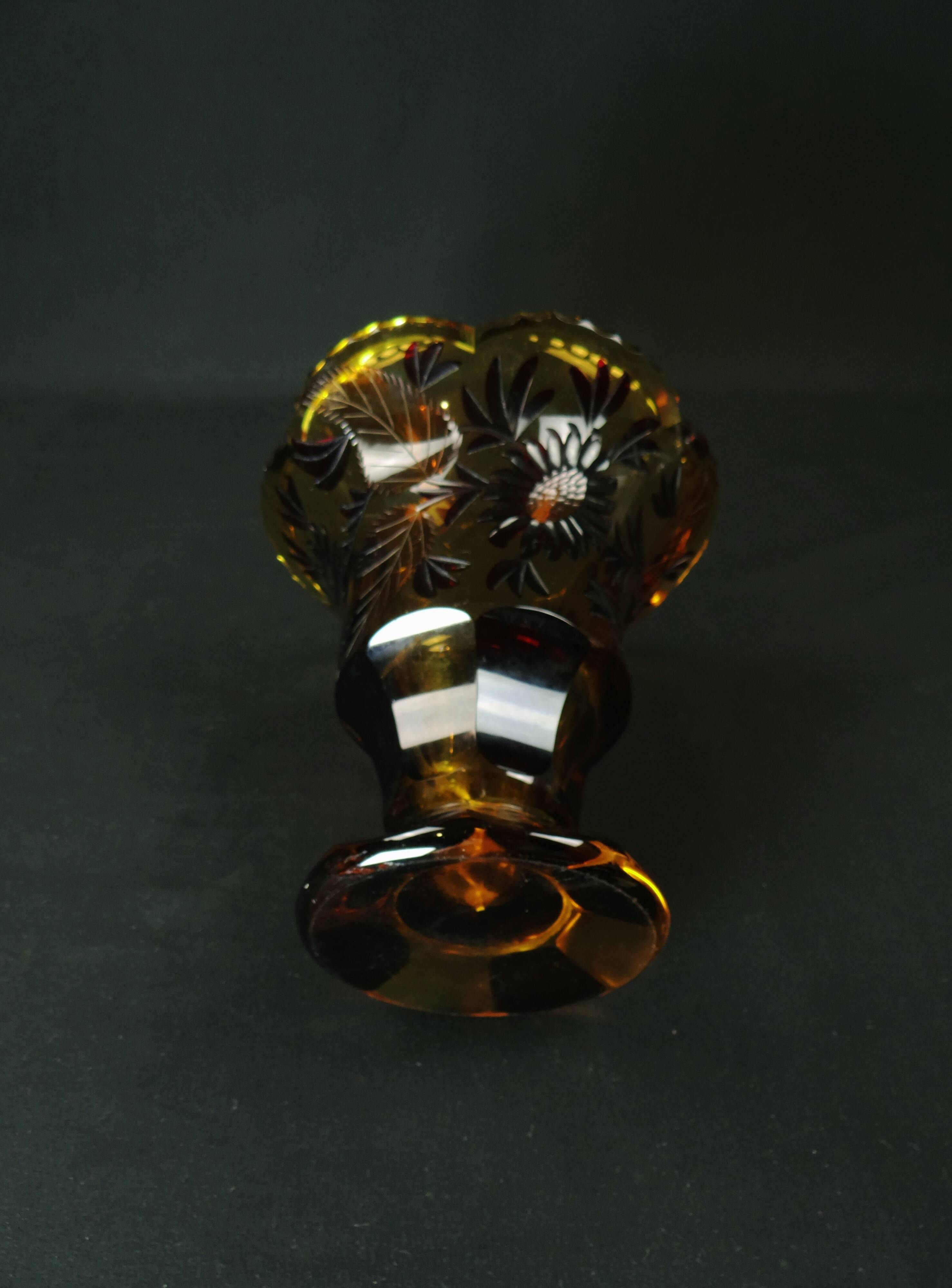 Bohemian cut crystal vase with Art Deco ruby red amber floral decoration