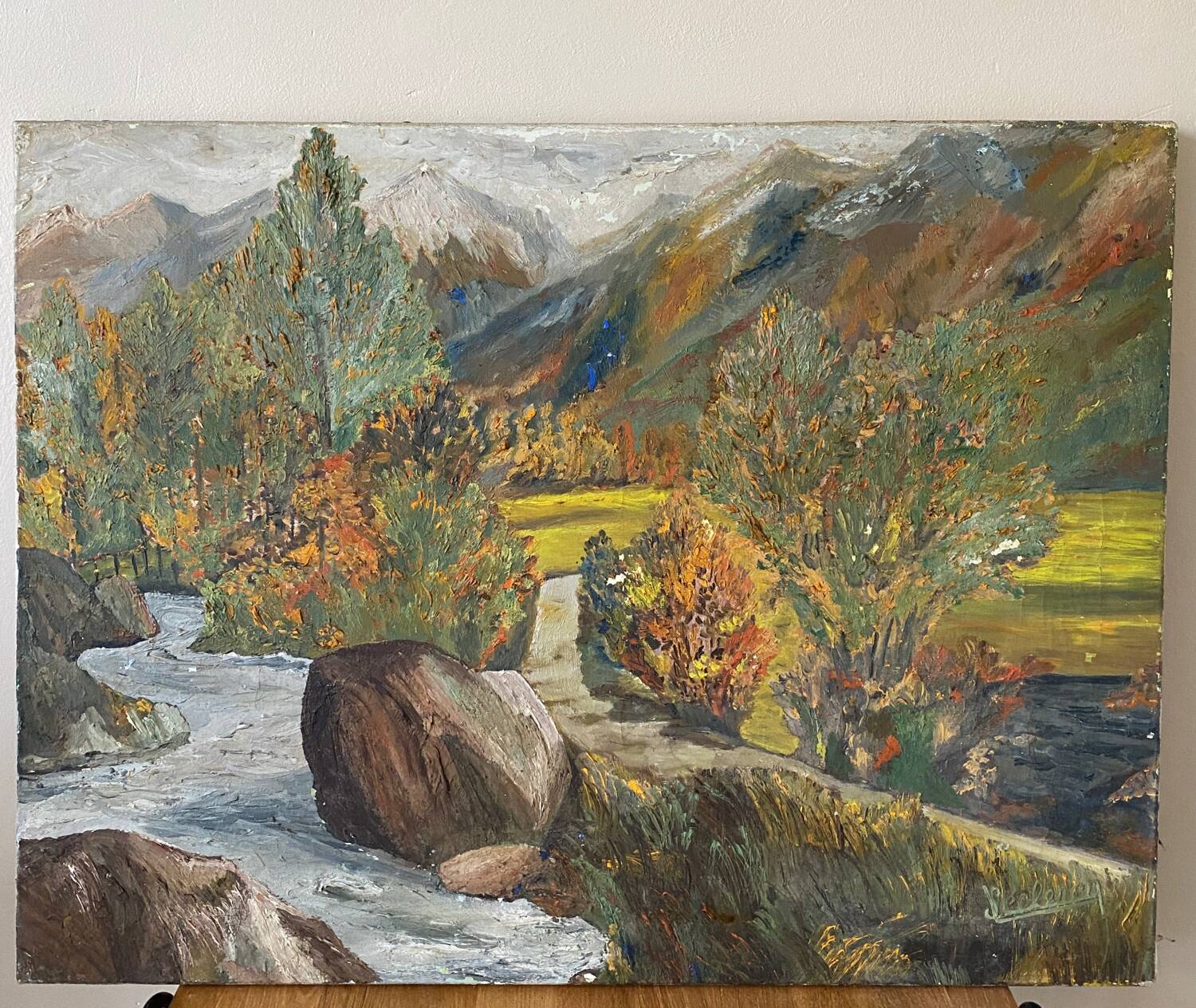 Oil on canvas mountain and river 1965
