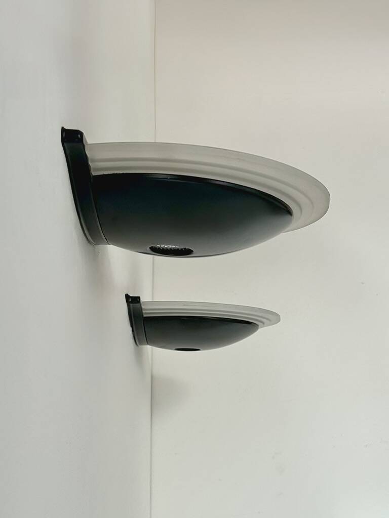Pair of vintage wall lights in black metal and glass, France, 1970.