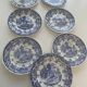 7 flat plates english pattern blue peasant scene vintage