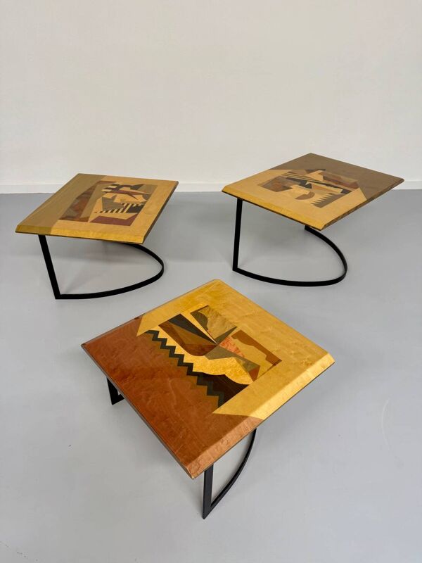 Table basse gigogne marqueterie géométrique design italien vintage