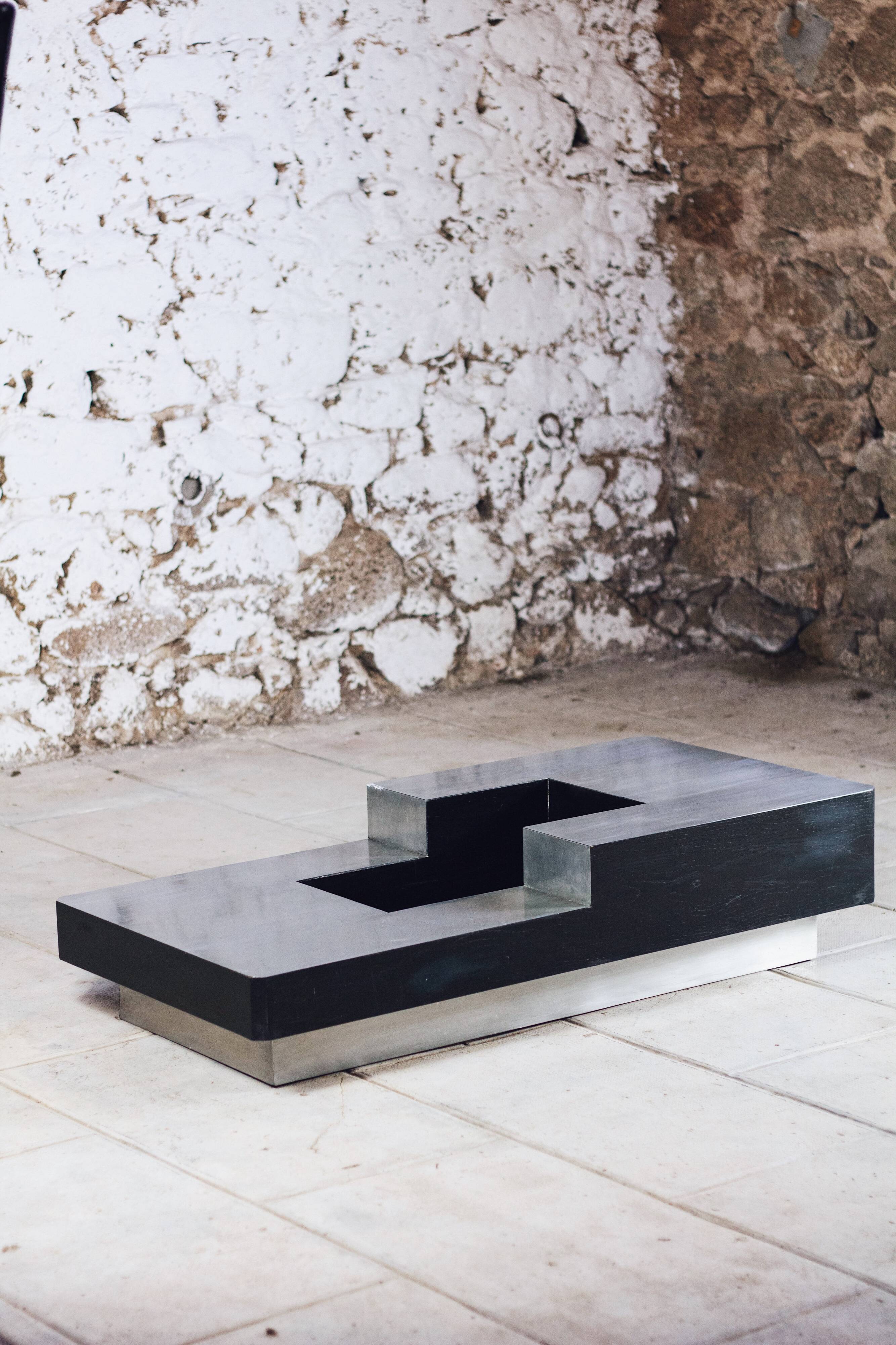 wood and steel bar coffee table, 1980