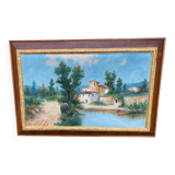 Oil painting on canvas, house and lake, 120x80cm