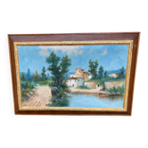 Oil painting on canvas, house and lake, 120x80cm