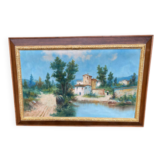 Tableau peinture huile sur toile maison et lac 120x80cm