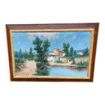 Oil painting on canvas, house and lake, 120x80cm