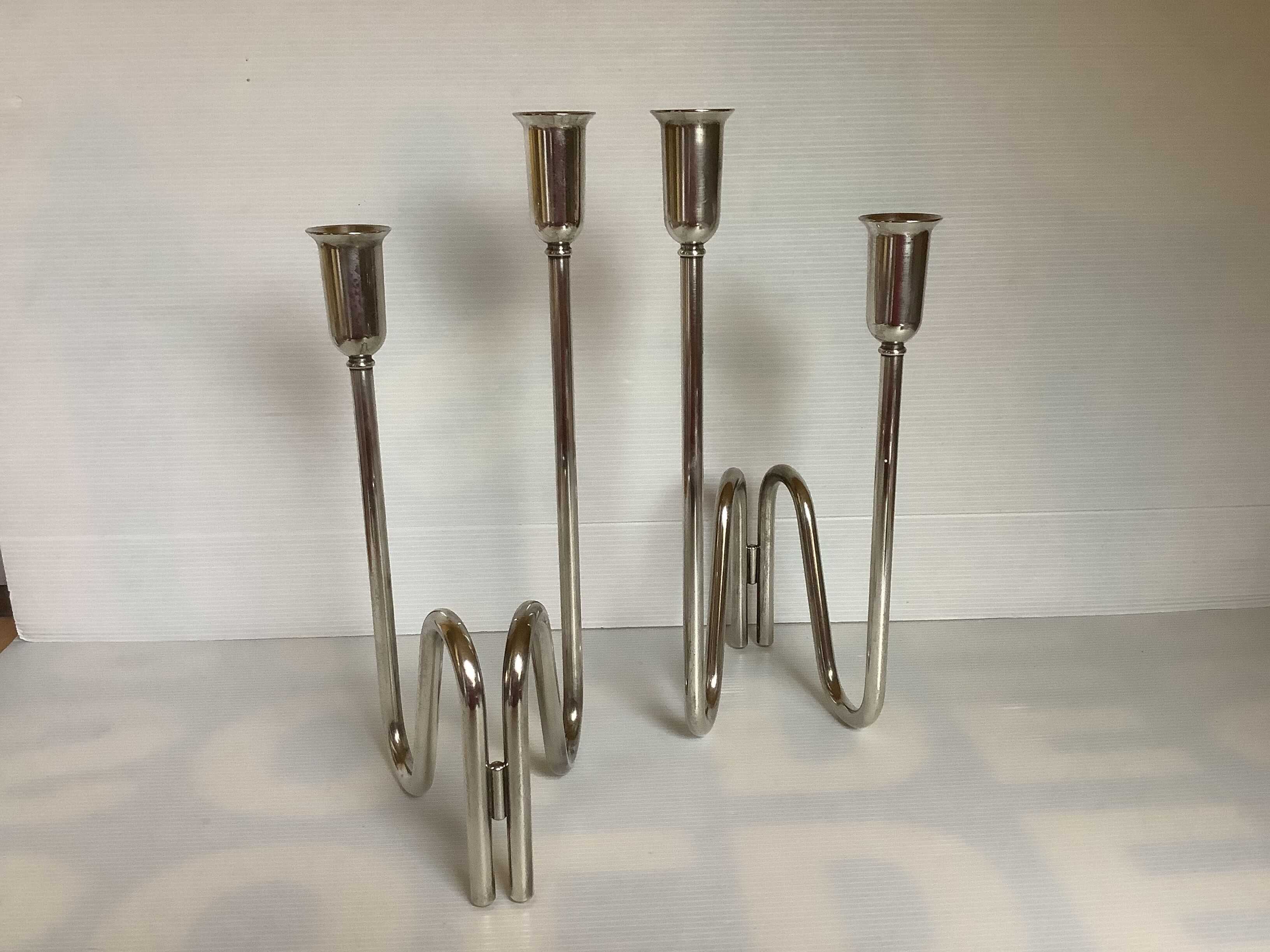 Pair of modernist candle holders silver metal PM Italy