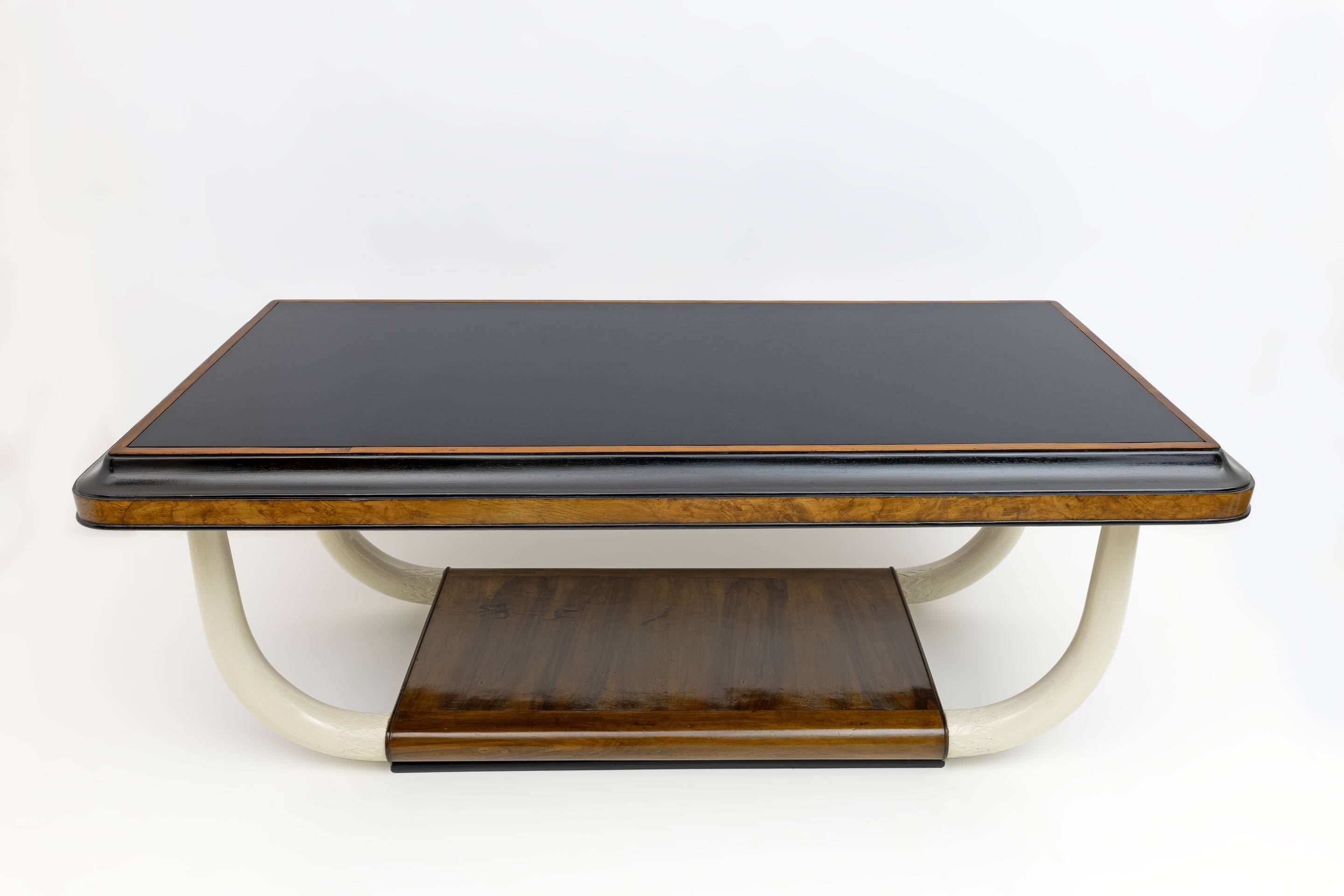 Art Deco Italian Walnut and Top Glass Table with Elephant Tusk Legs, 30s