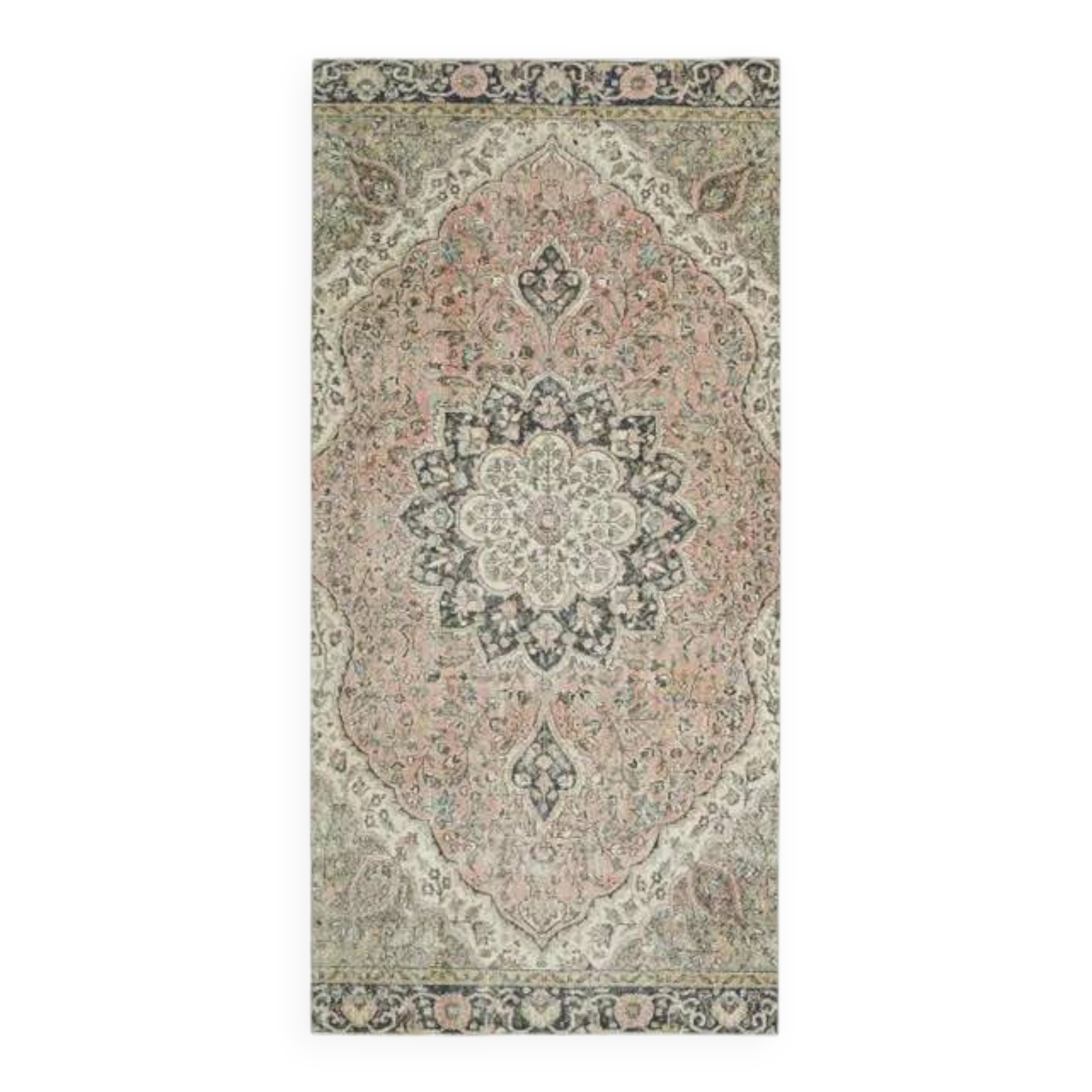 1970s Vintage Turkish Oushak Handmade Wool Cotton Pink Runner Rug 153x320