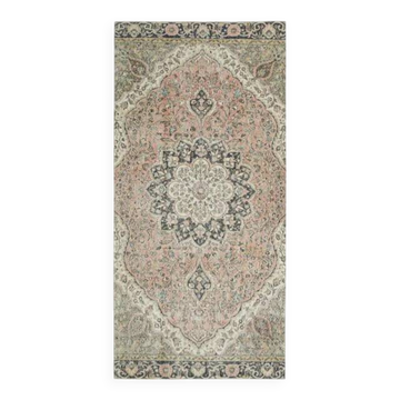 1970s Vintage Turkish Oushak Handmade Wool Cotton Pink Runner Rug 153x320