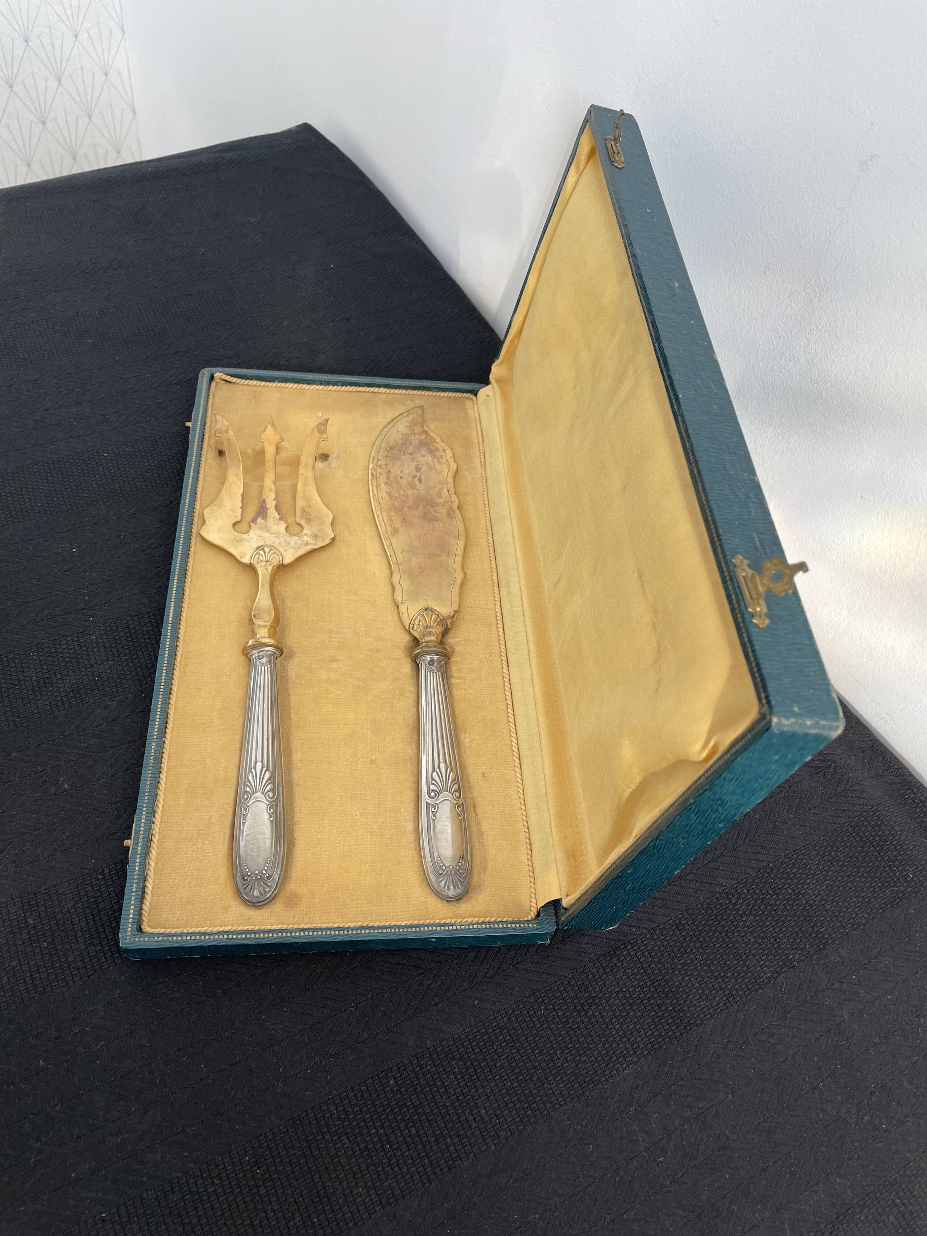 Antique, fish service cover, stuffed silver, gilded metal, France