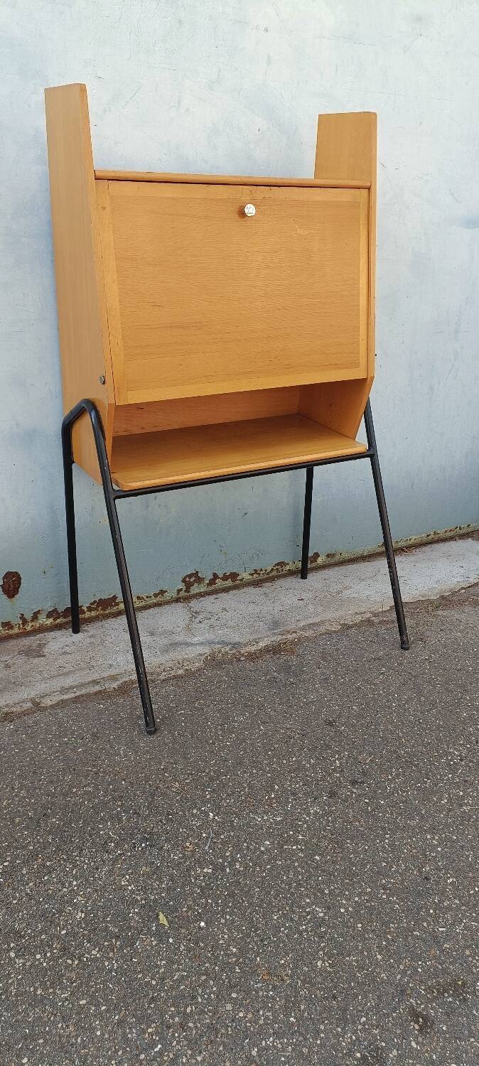 Vintage light oak secretary desk with metal base