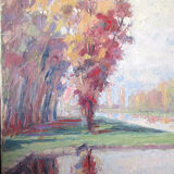 Huile sur toile, représentant un bord de rivière, signé et daté 1938