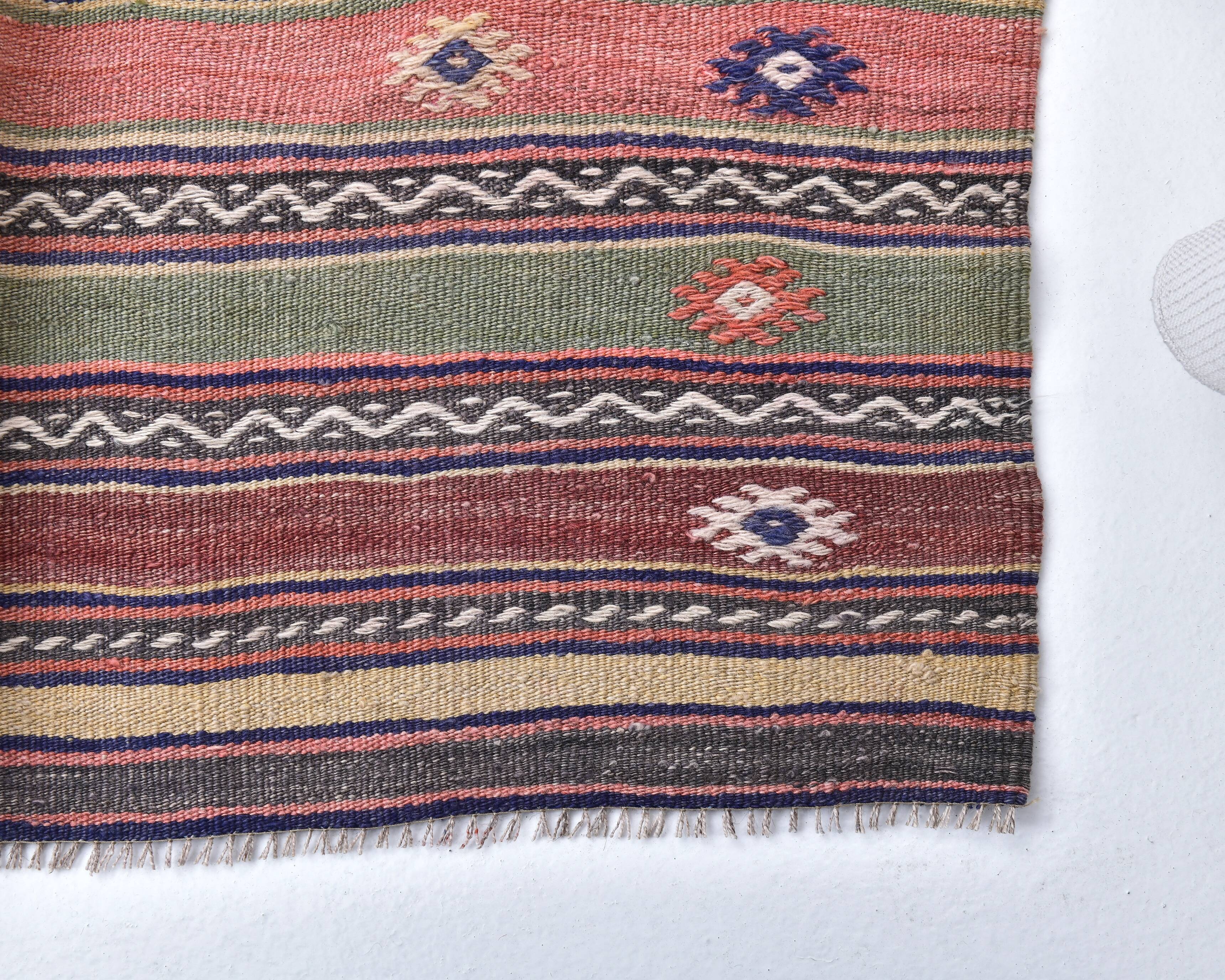 5x11 Red Blue Vintage Kilim Rug 149x326Cm